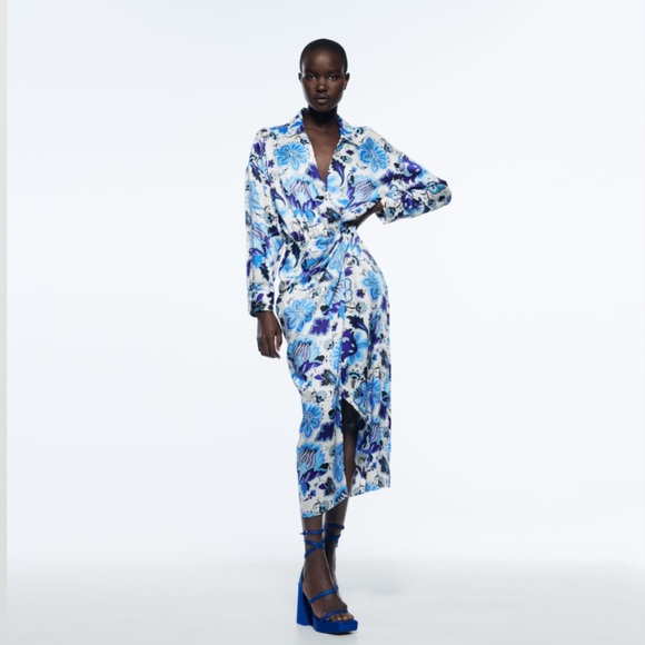 Zara Satin Effect Print Wrap Dress - Picture 10 of 16